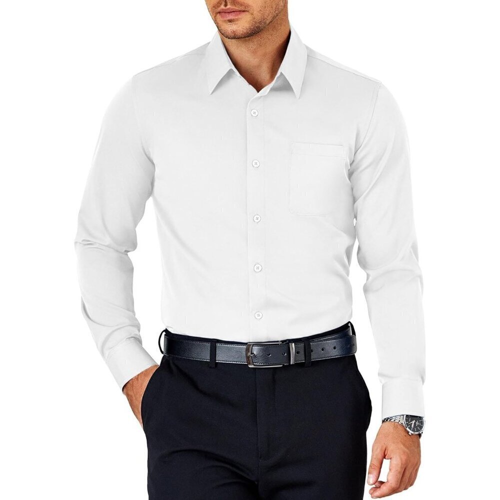 White Mens Dress Long Sleeve Button Down Wrinkle Free Shirt with Pocket